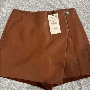 Brown Faux Leather Women Skort Zara
